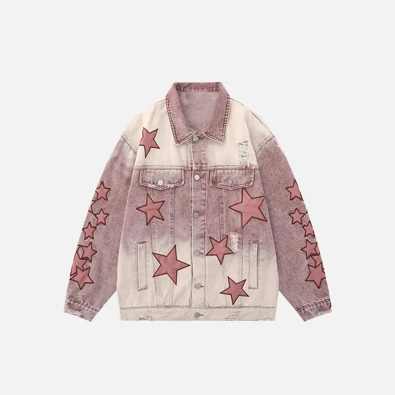 Y2k star embroidery denim jacket with v-neck design - pink / s