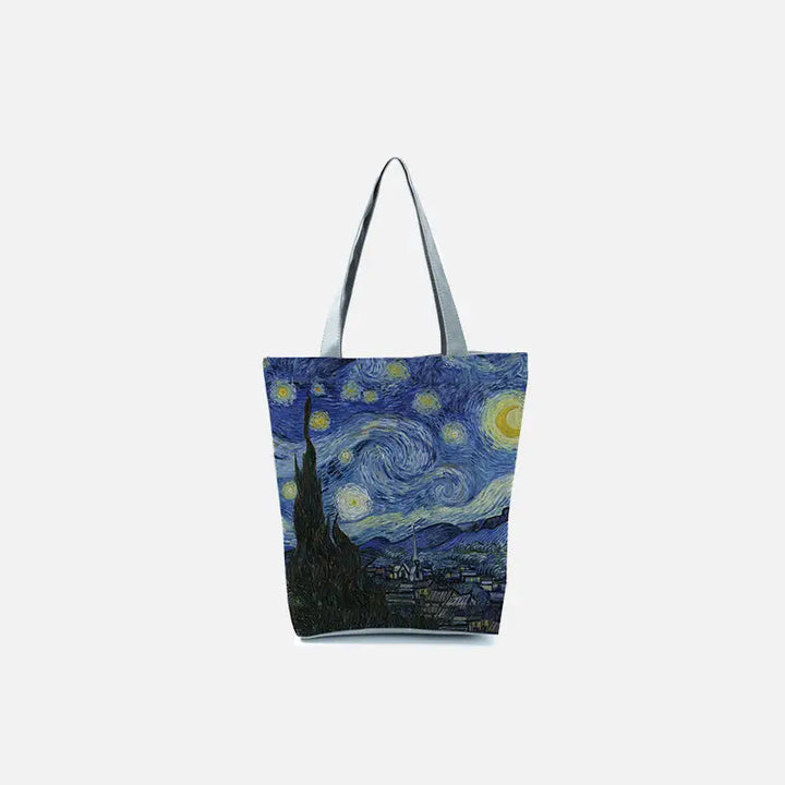 Starry night canvas tote bag with unique cartoon-style print - blue / 23x27cm-9x10.6in