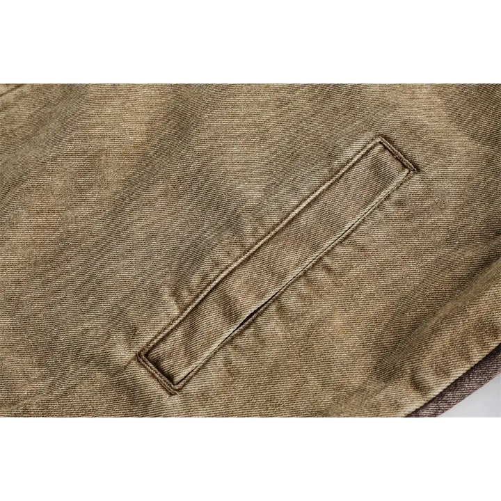 Chic coffee denim jacket with timeless camouflage stitching