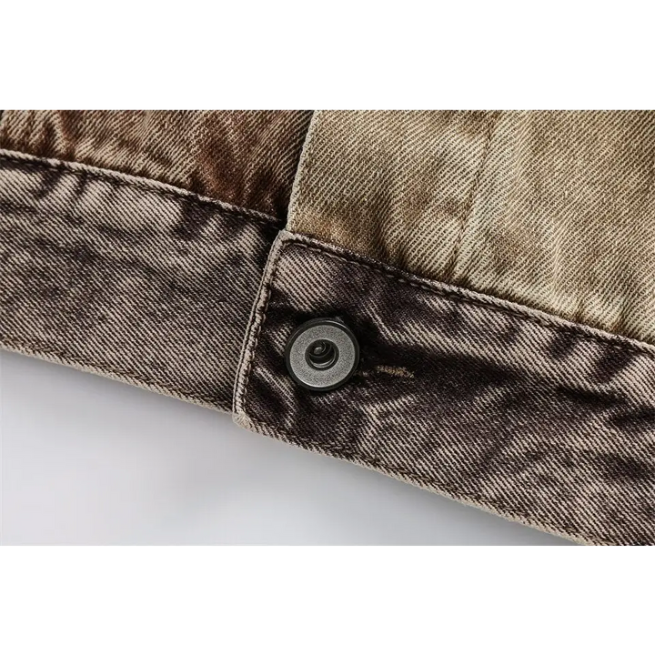 Chic coffee denim jacket with timeless camouflage stitching