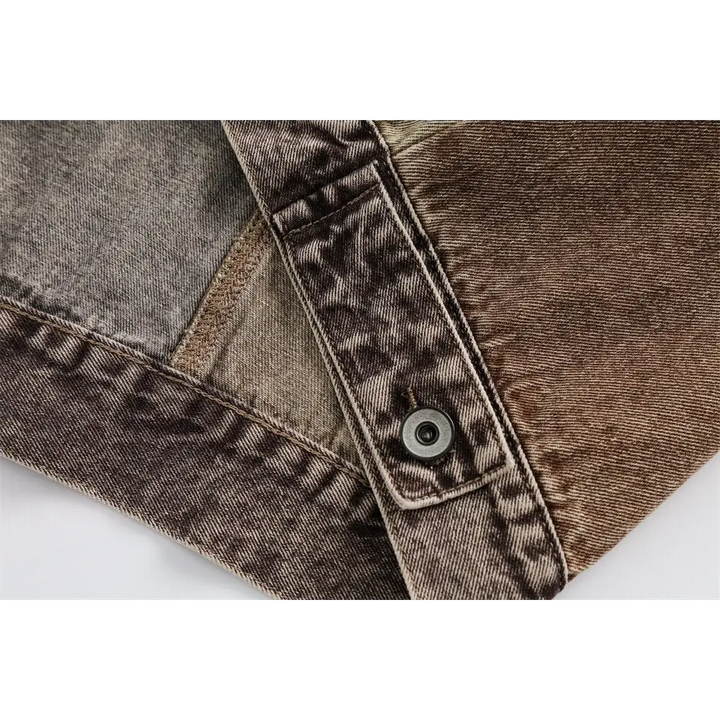 Chic coffee denim jacket with timeless camouflage stitching