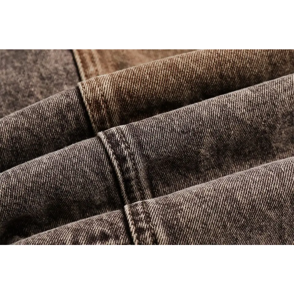 Chic coffee denim jacket with timeless camouflage stitching