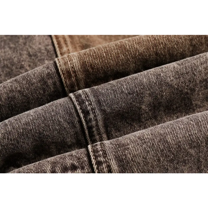 Chic coffee denim jacket with timeless camouflage stitching