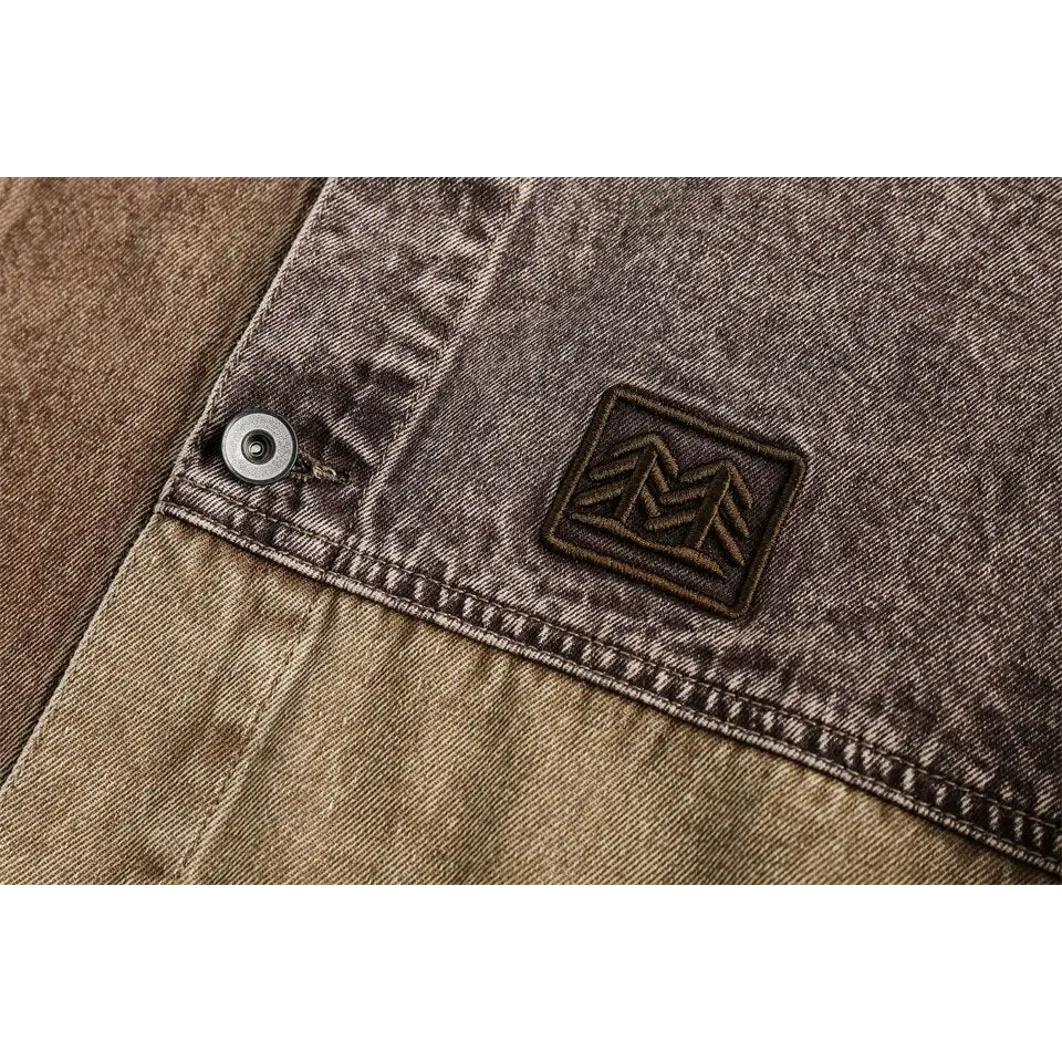 Chic coffee denim jacket with timeless camouflage stitching