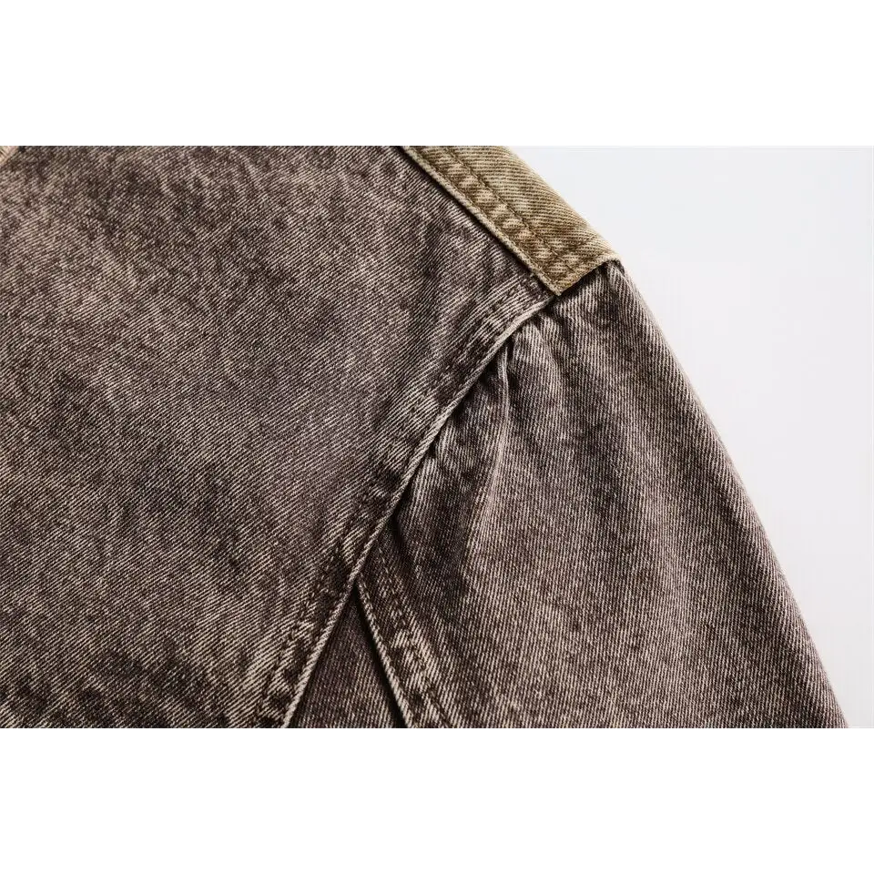 Chic coffee denim jacket with timeless camouflage stitching