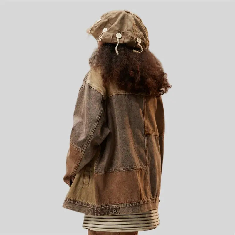 Chic coffee denim jacket with timeless camouflage stitching