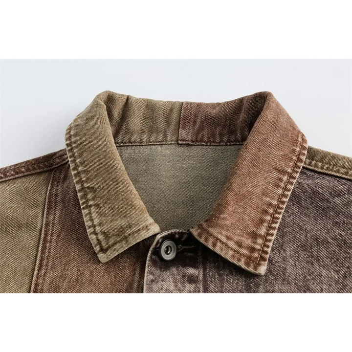 Chic coffee denim jacket with timeless camouflage stitching