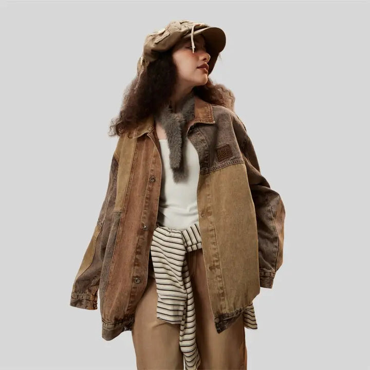 Chic coffee denim jacket with timeless camouflage stitching
