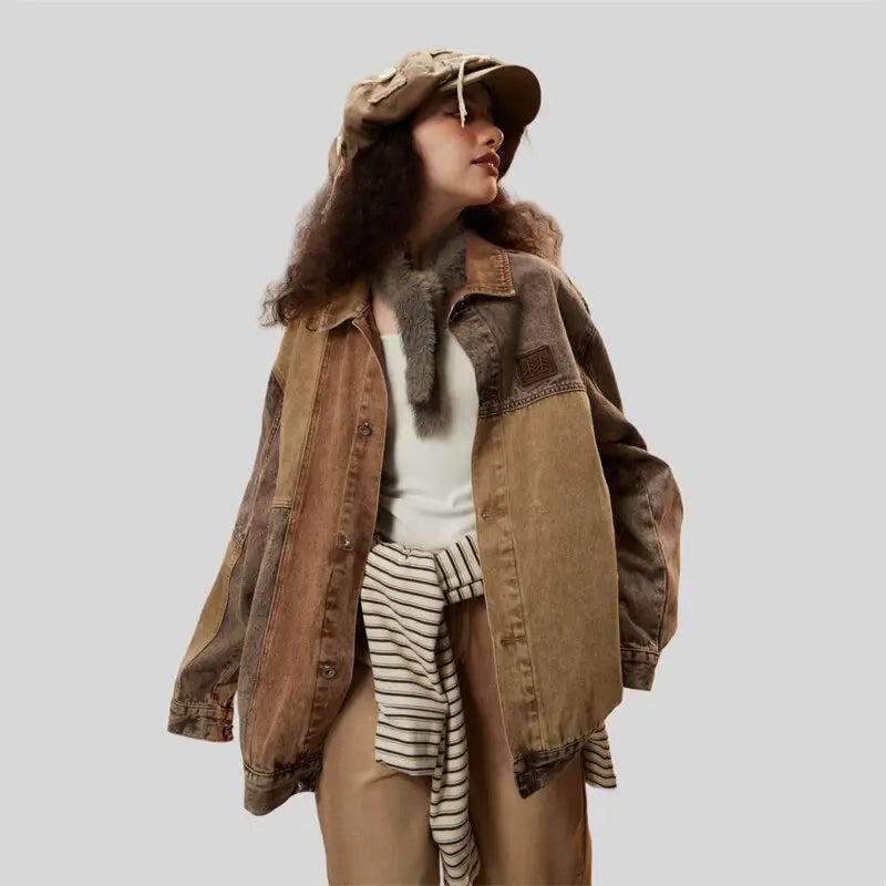 Chic coffee denim jacket with timeless camouflage stitching