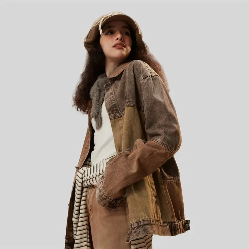 Chic coffee denim jacket with timeless camouflage stitching