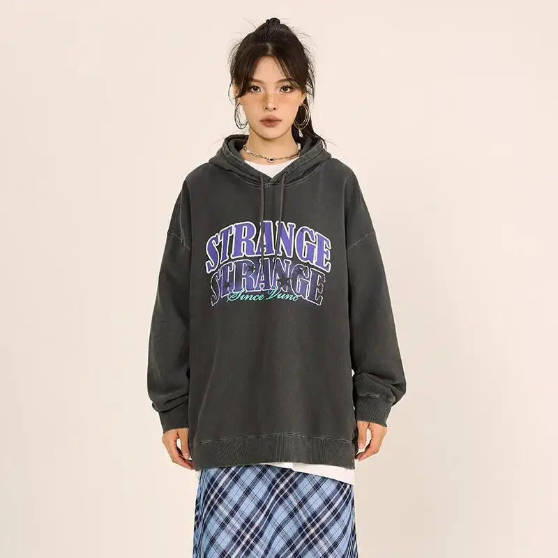 Washed y2k letter print hoodie for vintage style - hoodies