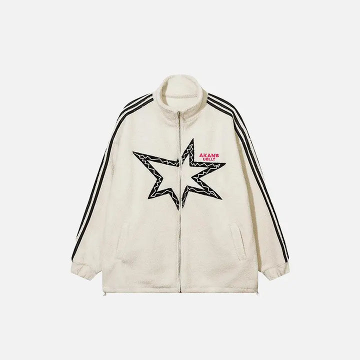 Y2k striped and stars fleece jacket for stylish comfort - beige / m