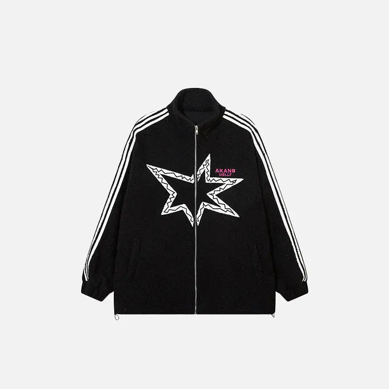 Y2k striped and stars fleece jacket for stylish comfort - black / m