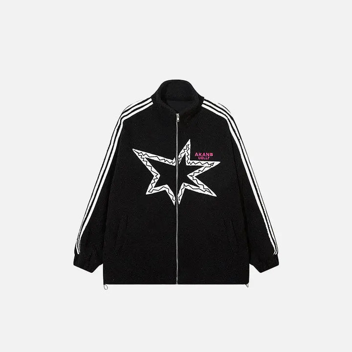 Y2k striped and stars fleece jacket for stylish comfort - black / m