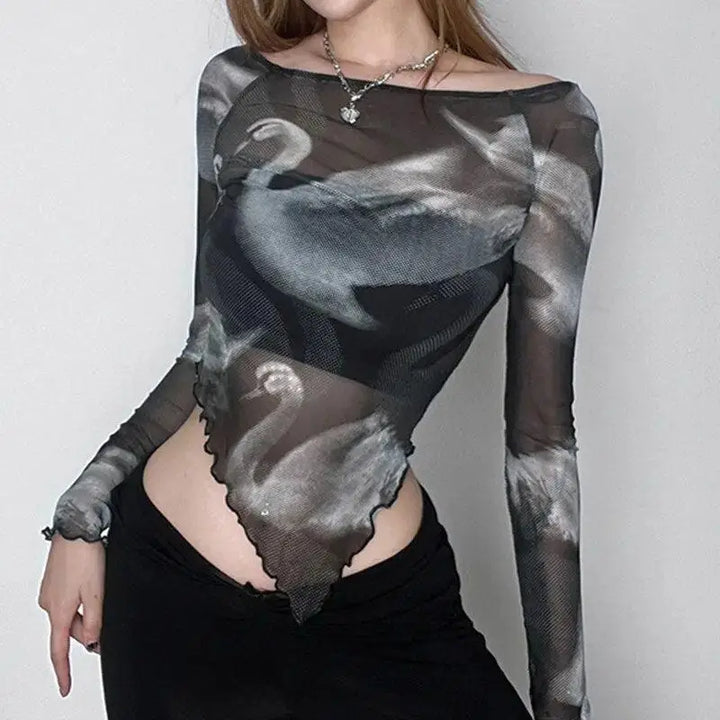 Chic black swan graphic asymmetrical mesh top for modern women