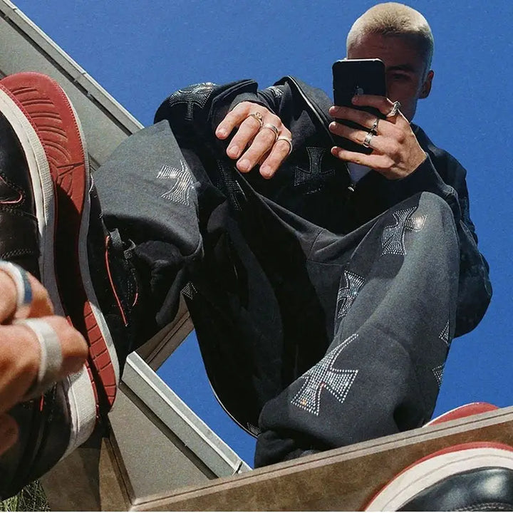 Y2k hooded sweatshirt with rhinestone cross