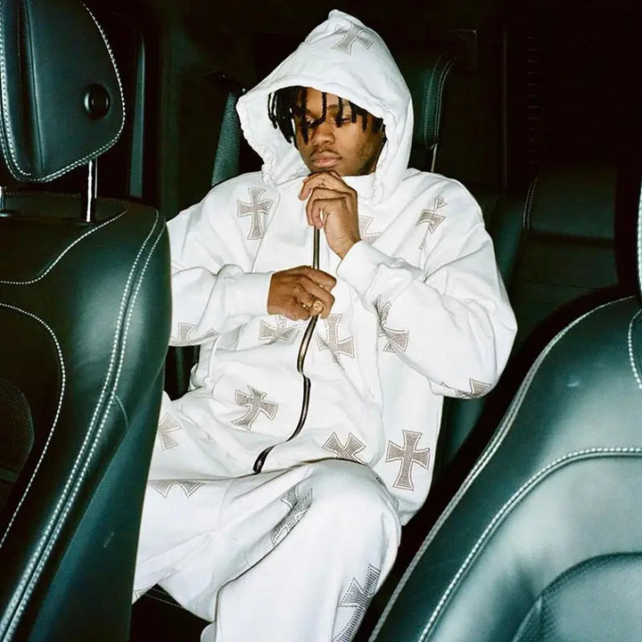 Y2k hooded sweatshirt with rhinestone cross - white / s