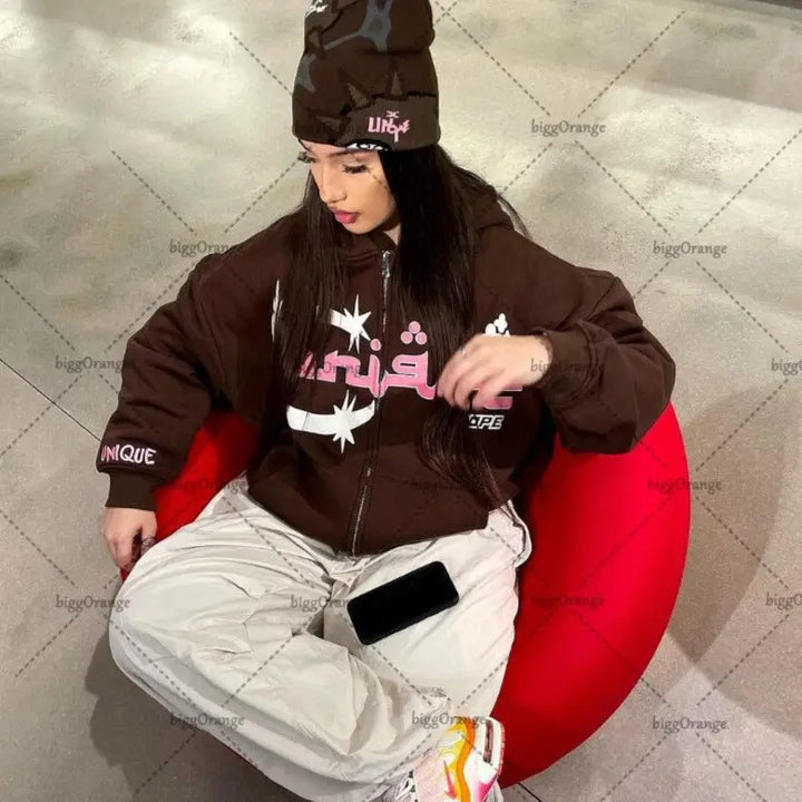 Y2k sweatshirt with arabic writing - unique streetwear - brown / s