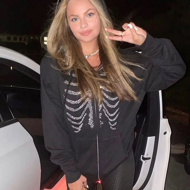 Skeleton rhinestone sweatshirt y2k unisex for streetwear