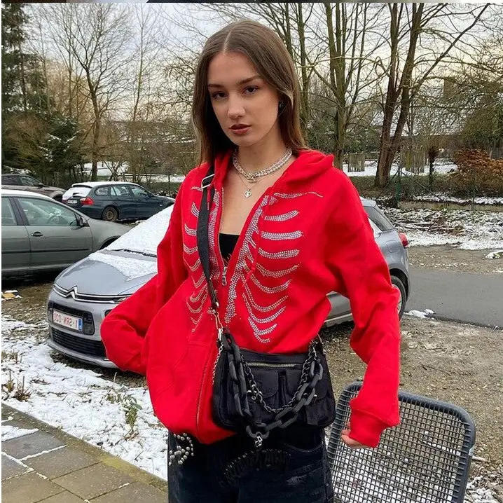 Skeleton rhinestone sweatshirt y2k unisex for streetwear - red / s