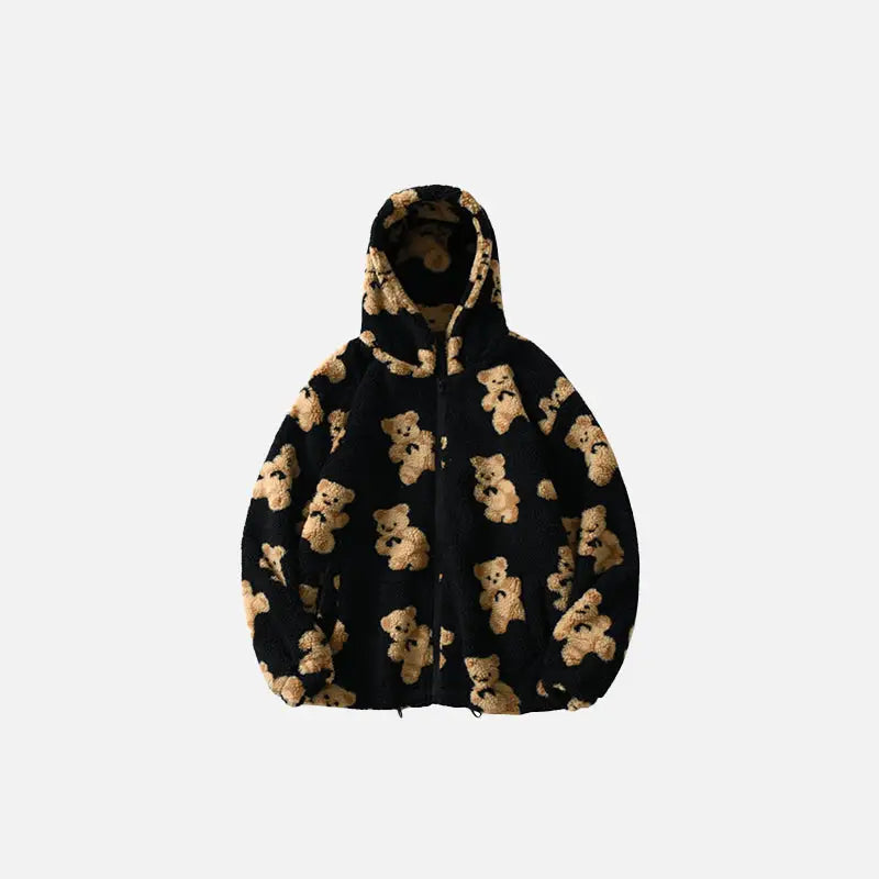 Y2k teddy bear fuzzy hoodie for cozy style and comfort - black / s - jackets