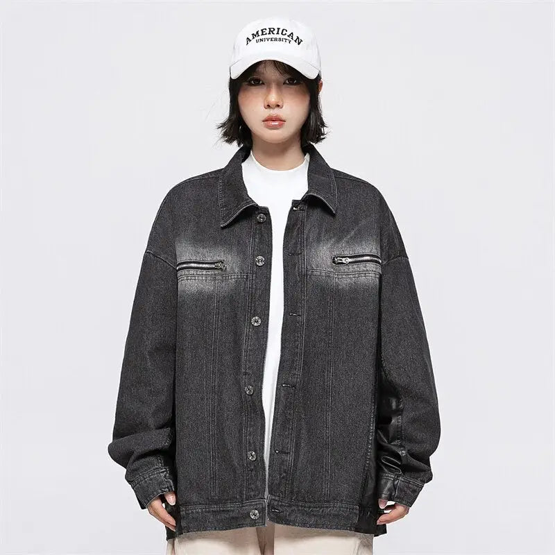 Original y2k denim jacket with lapel collar in eye-washed design