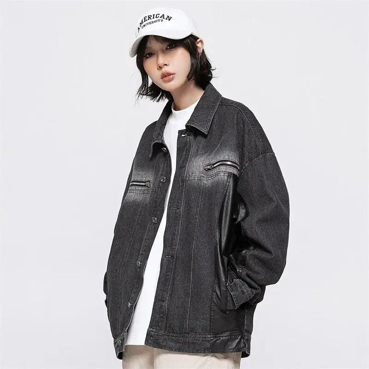 Original y2k denim jacket with lapel collar in eye-washed design - black / m