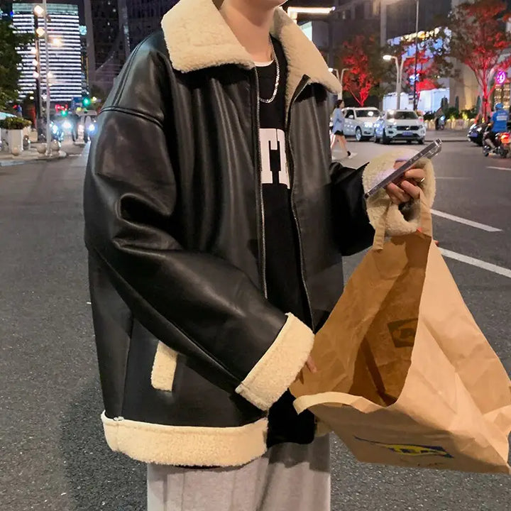 Y2k thick wool and leather jacket with lapel collar - jackets