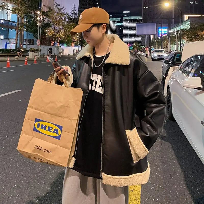 Y2k thick wool and leather jacket with lapel collar - jackets