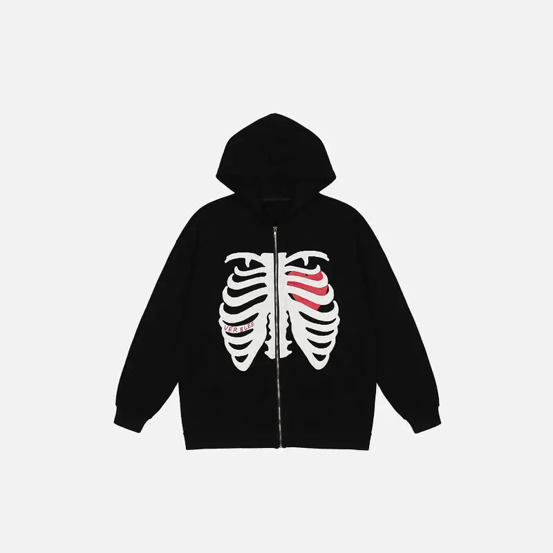 Y2k skeleton chest zip hoodie with unique thoracic design - black / m - hoodies