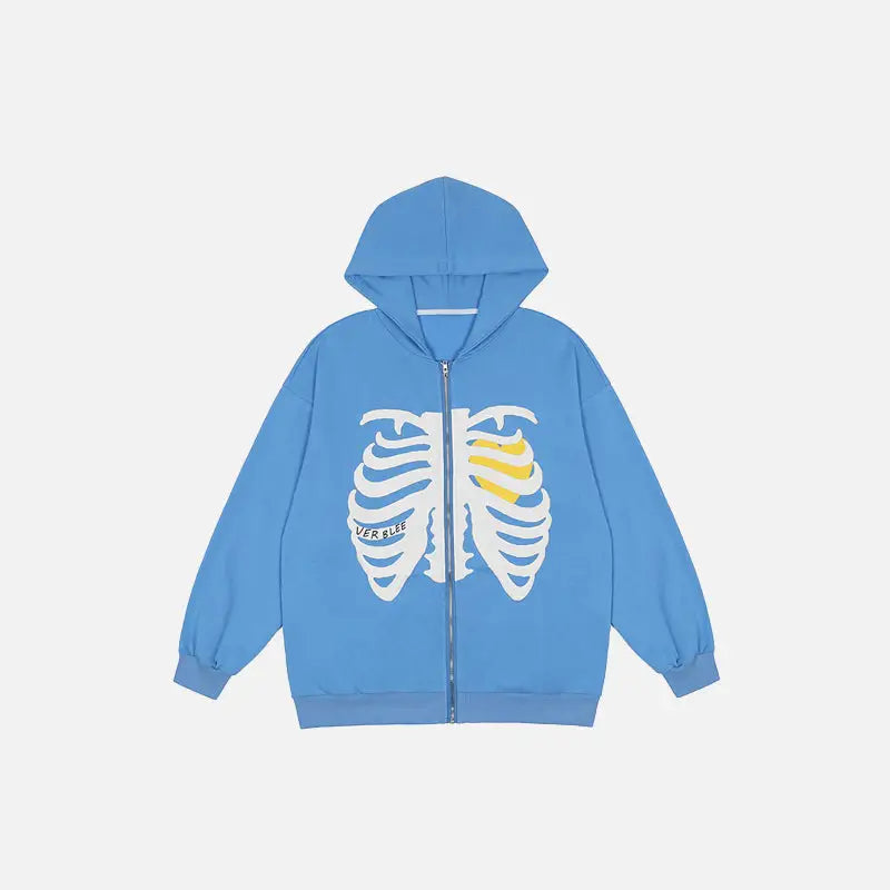 Y2k skeleton chest zip hoodie with unique thoracic design - blue / m - hoodies