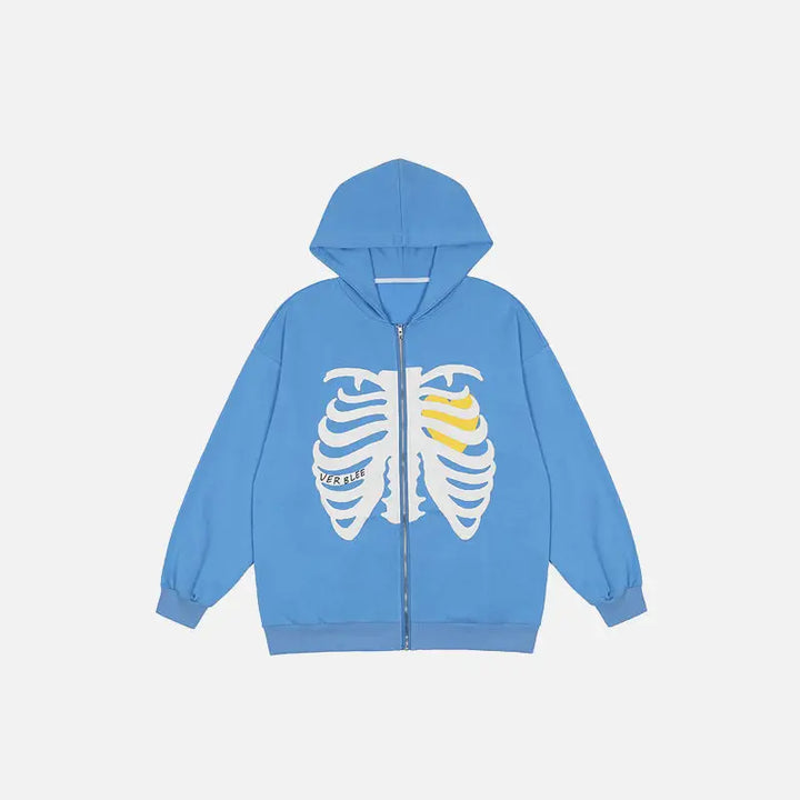 Y2k skeleton chest zip hoodie with unique thoracic design - blue / m - hoodies