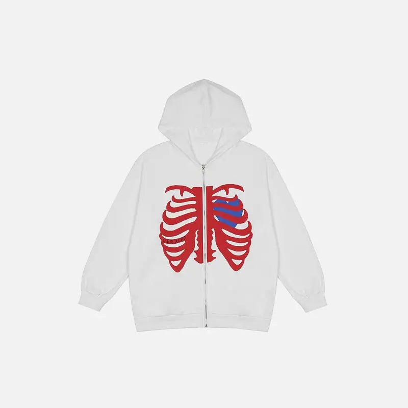 Y2k skeleton chest zip hoodie with unique thoracic design - white / m - hoodies