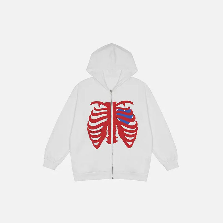 Y2k skeleton chest zip hoodie with unique thoracic design - white / m - hoodies