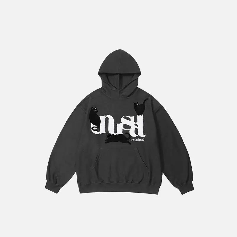 Unusual cat graphic print hoodie from y2k streetwear store - darkgrey / m - hoodies