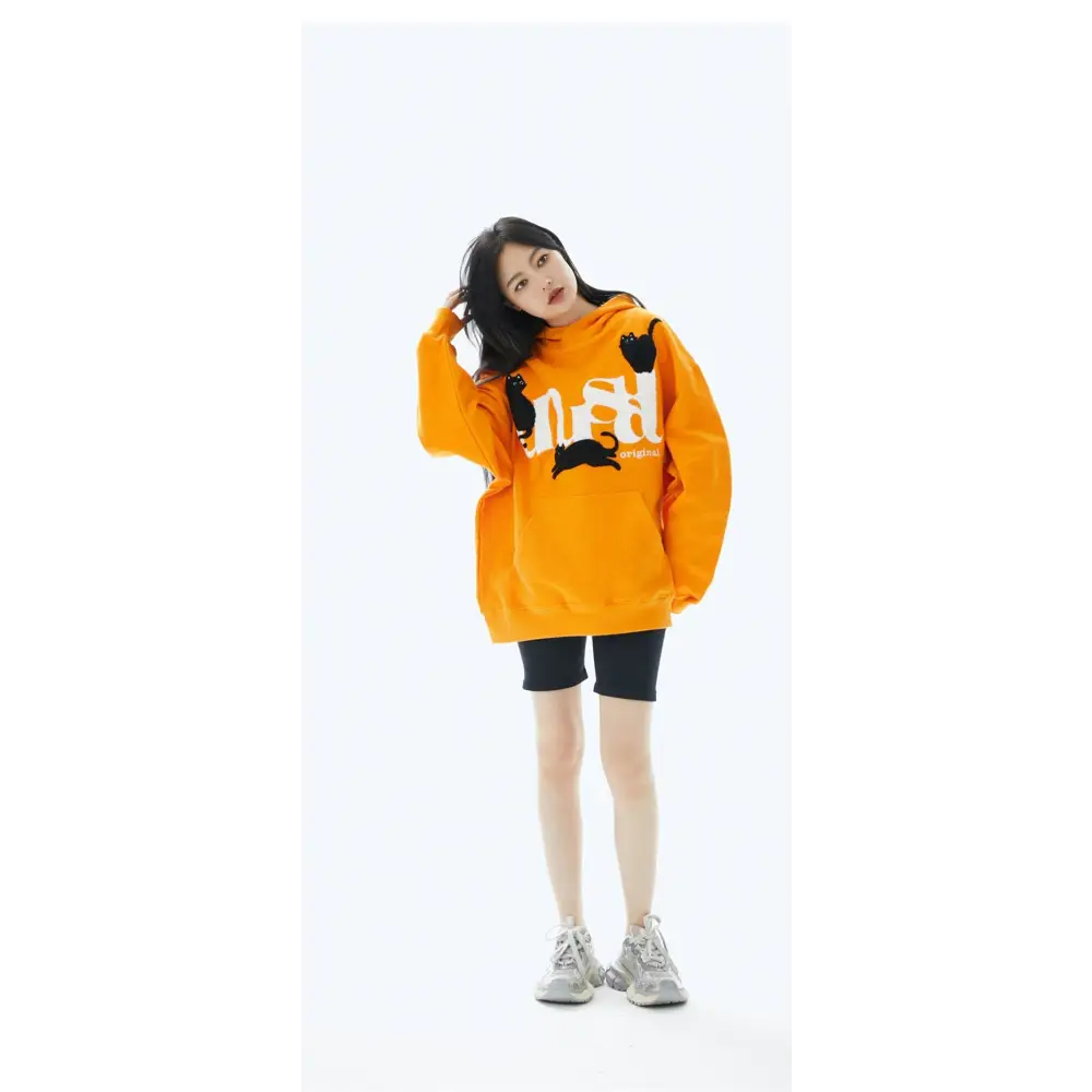 Unusual cat graphic print hoodie from y2k streetwear store - hoodies