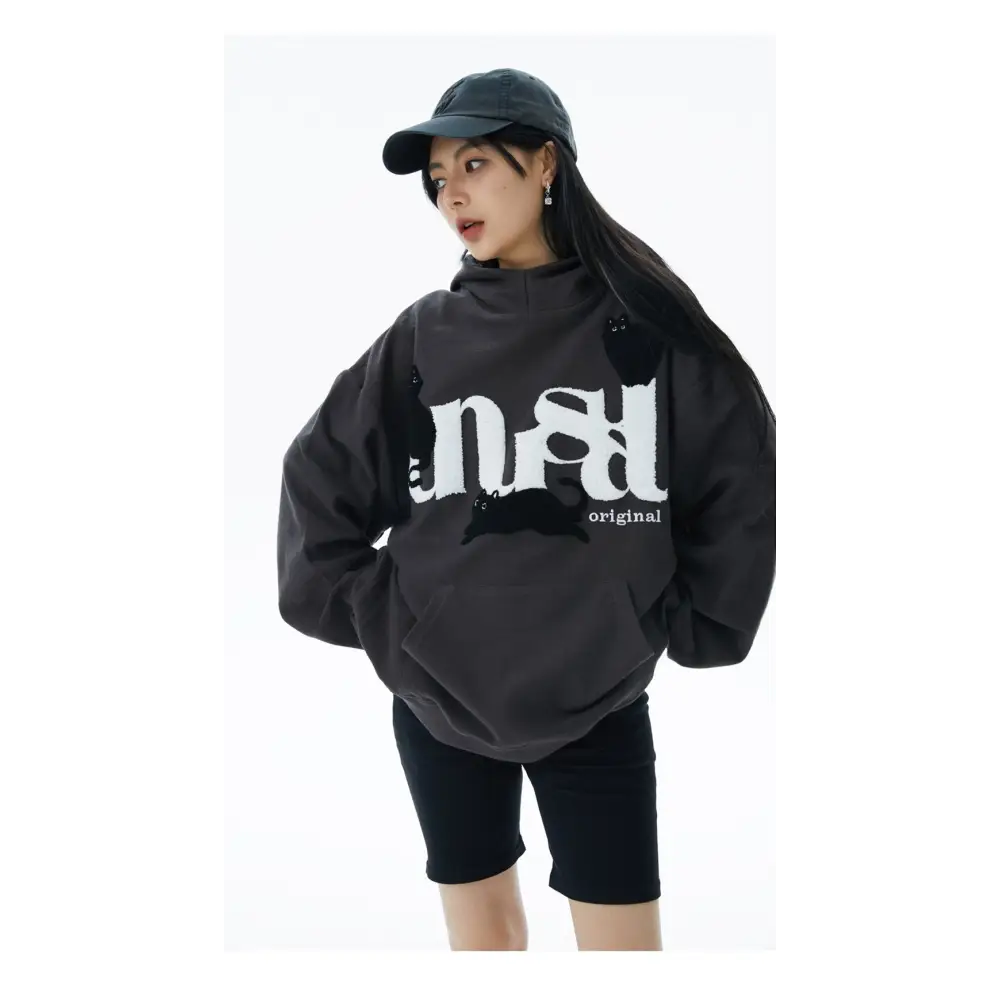 Unusual cat graphic print hoodie from y2k streetwear store - hoodies