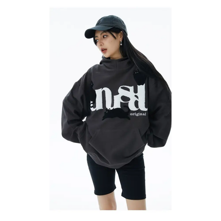 Unusual cat graphic print hoodie from y2k streetwear store - hoodies