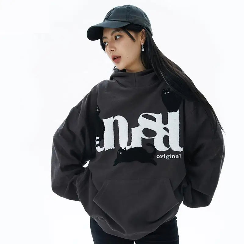 Unusual cat graphic print hoodie from y2k streetwear store - hoodies