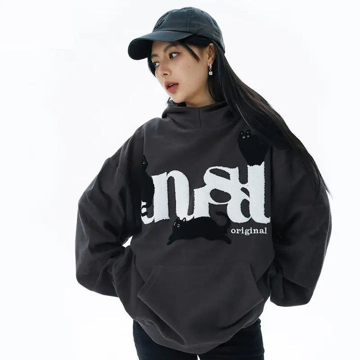 Unusual cat graphic print hoodie from y2k streetwear store - hoodies