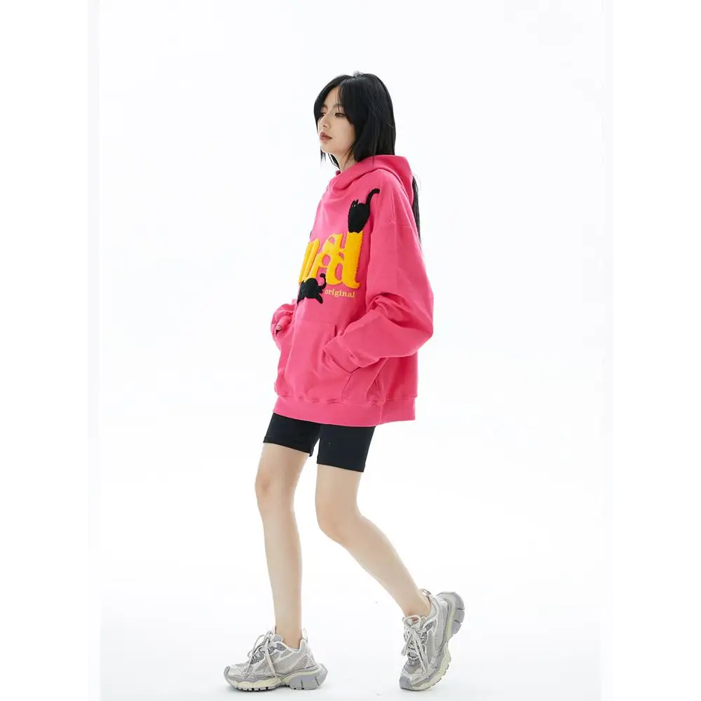 Unusual cat graphic print hoodie from y2k streetwear store - hoodies