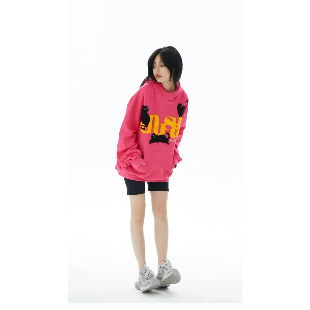 Unusual cat graphic print hoodie from y2k streetwear store - hoodies