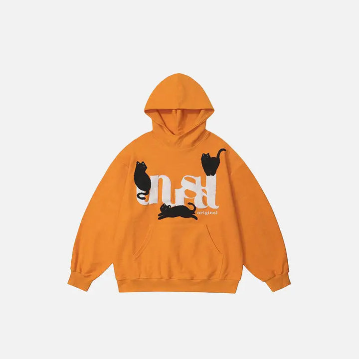 Unusual cat graphic print hoodie from y2k streetwear store - orange / m - hoodies