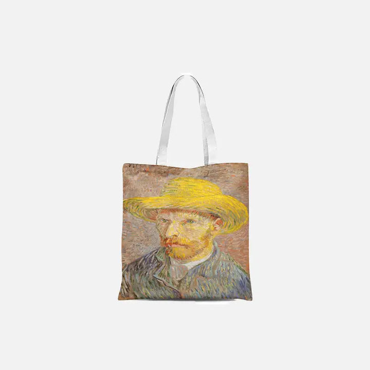 Retro van gogh striped tote bag with cartoon print - orange / 23x27cm-9x10.6in