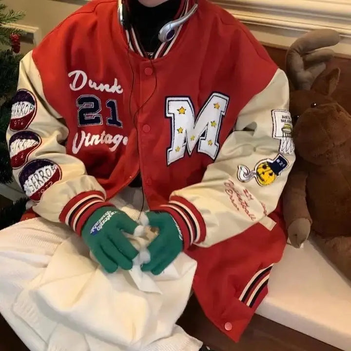 Red y2k jacket for a retro university style