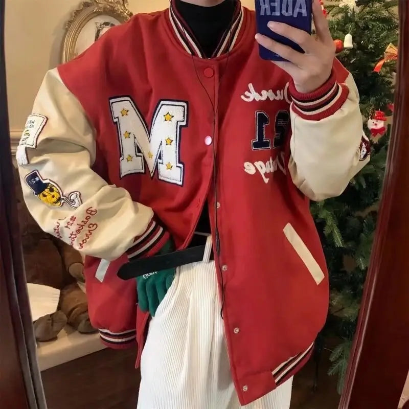 Red y2k jacket for a retro university style