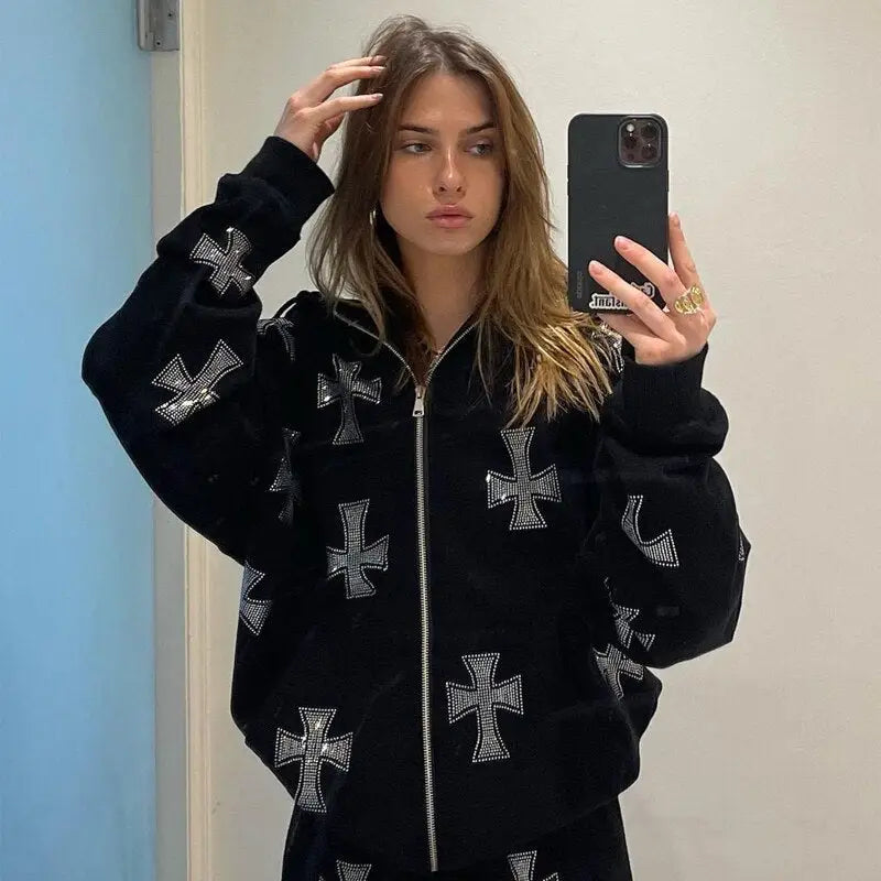 Rhinestone cross streetwear jacket