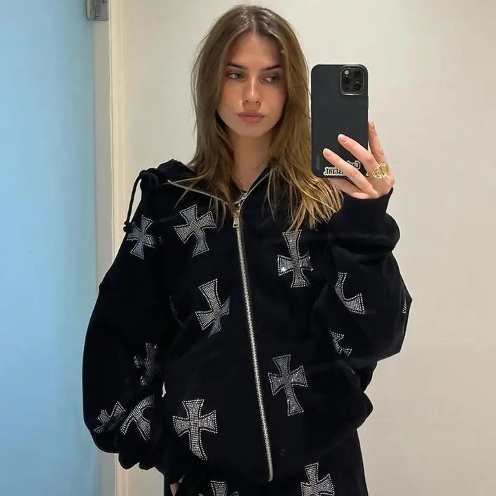 Rhinestone cross streetwear jacket