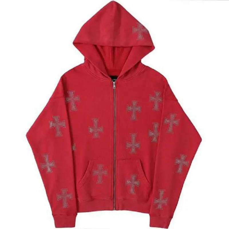 Rhinestone cross streetwear jacket - red / m