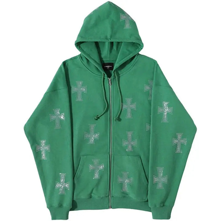 Rhinestone cross streetwear jacket - green / m